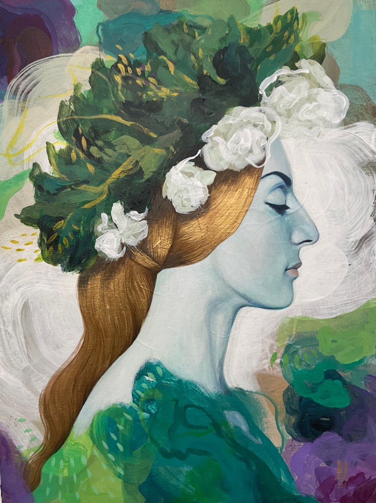 Painting of a woman in profile with an abstract background titled Persephone